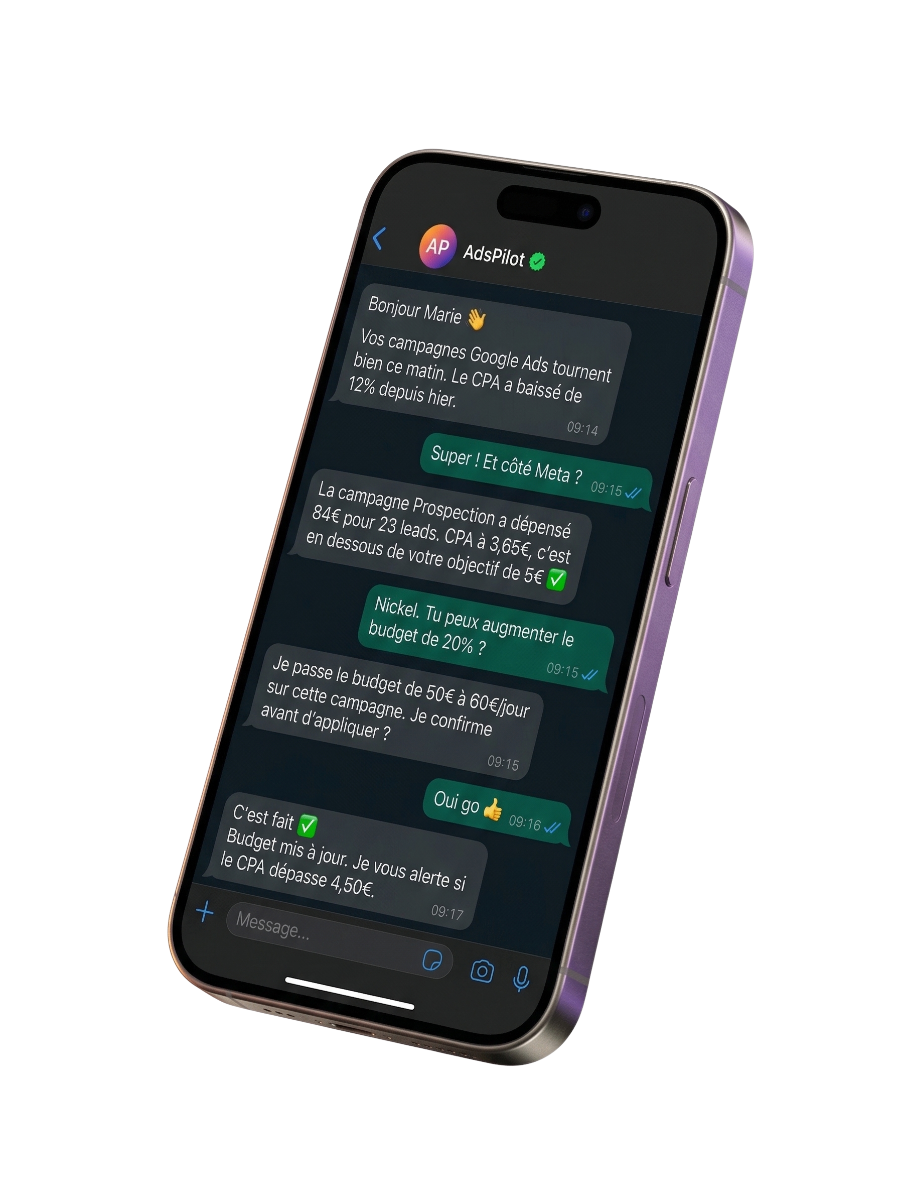 Conversation WhatsApp avec Adsapp